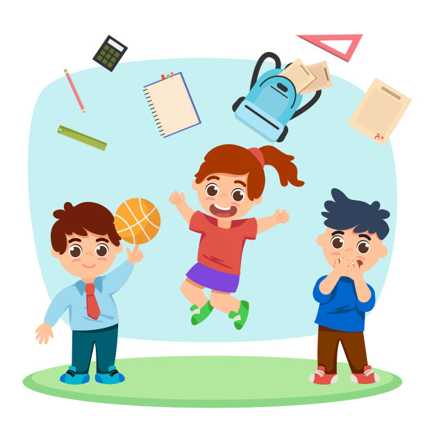 快乐的孩子们在空中矢量插图投掷学校用品图片下载