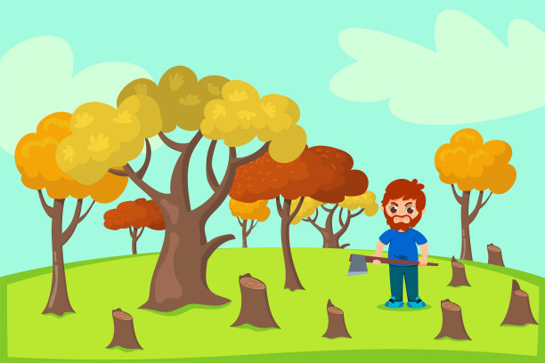 愤怒的伐木工用斧头在山上或草地上砍伐秋天的树木图片下载