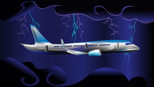 一架飞机在雷雨天的乌云中飞行，闪电从四面八方闪过图片下载