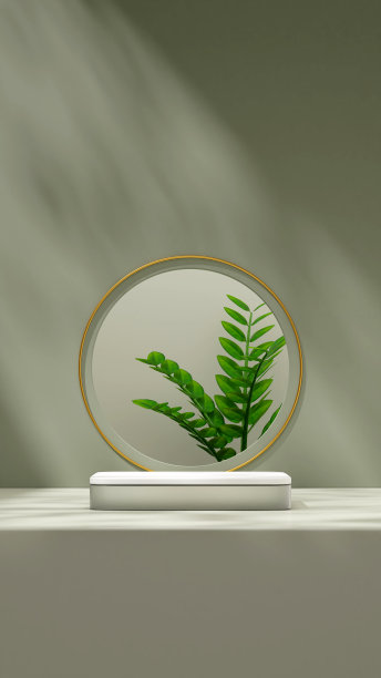 3D渲染空白空间白色和透明的讲台在肖像绿色扎米亚和金戒指图片下载