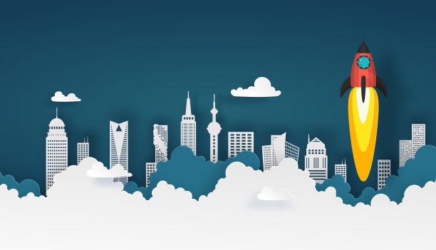 宇宙飞船或火箭发射到天空的建筑物在城市景观视图上的夜空背景和星星。矢量纸艺术在黑色的深蓝色调与阴影。图片下载