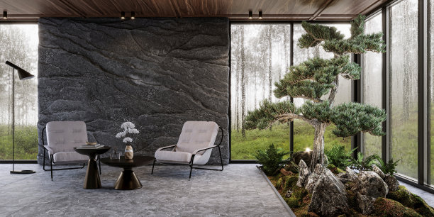 现代客厅内部全景窗户和天然岩壁，3d渲染图片下载