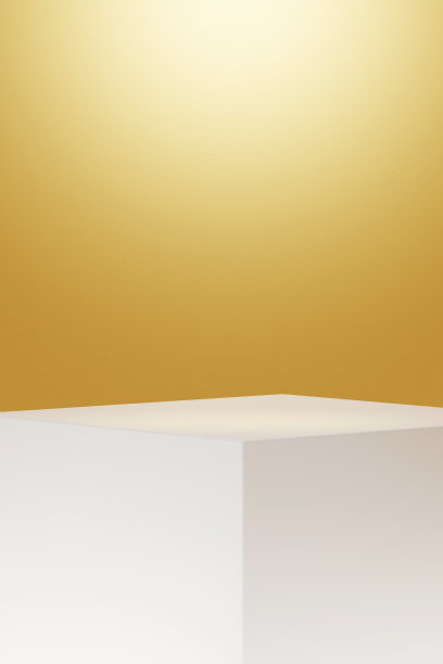 产品摄影数码风景。金黄色的工作室背景与白色的产品盒舞台。放大角度视图。图片下载