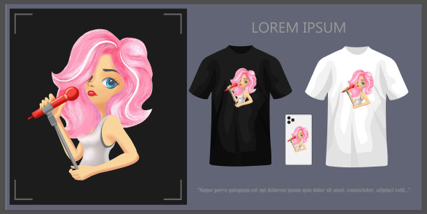 t恤设计，描绘一个歌手拿着麦克风，完整的模型。图片下载