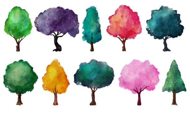 集水彩画风格的手绘树木栅格材料图片下载