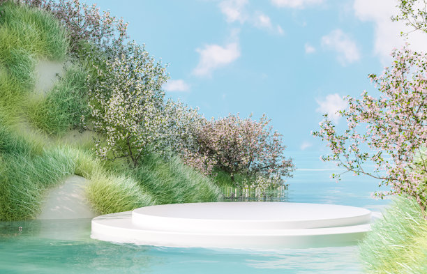 自然美丽的讲台背景与春天樱花风景樱花。图片下载