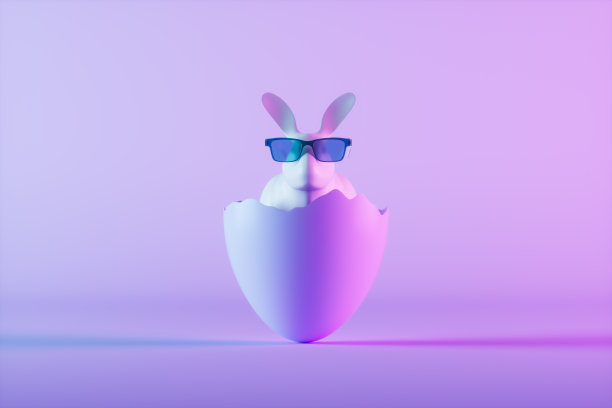 复活节概念，复活节兔子在破蛋壳上霓虹灯背景图片下载