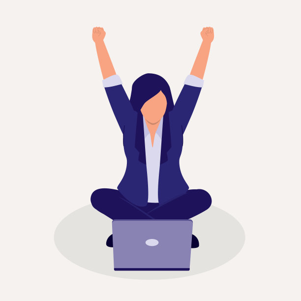 女商人和笔记本电脑盘腿坐在地板上，双臂举起。图片下载