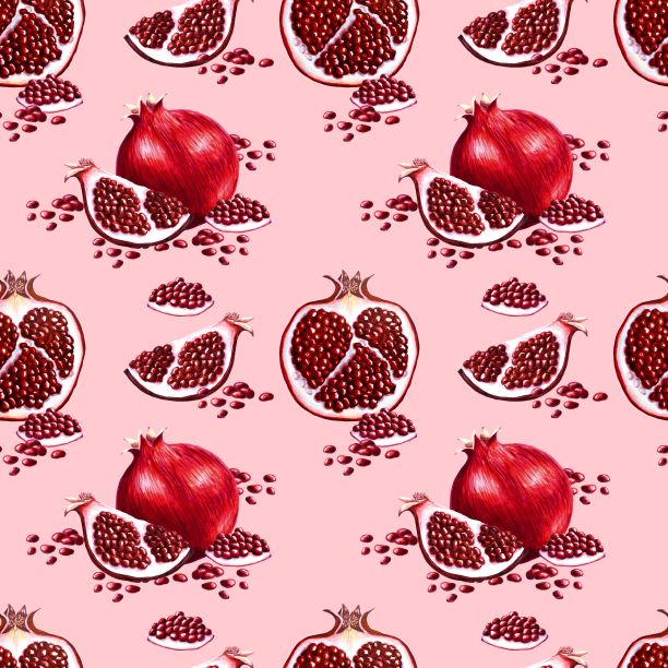 无缝模式的石榴与一半和种子在粉红色，手绘标记插图图片下载