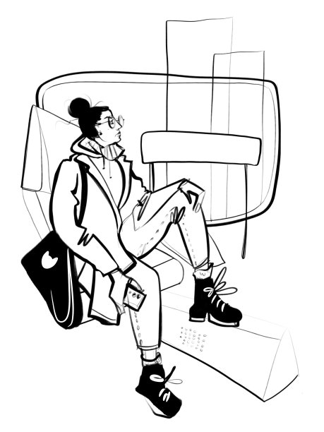 插图卡通风格的杂志素描沉思的女孩乘坐地铁看着窗外时髦的时尚形象在时髦的外套和靴子图片下载