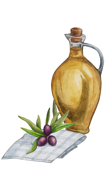 玻璃瓶装油和黑橄榄，放在毛巾上。水彩食品插图印刷在标签，明信片，卡片，织物和更多。图片下载