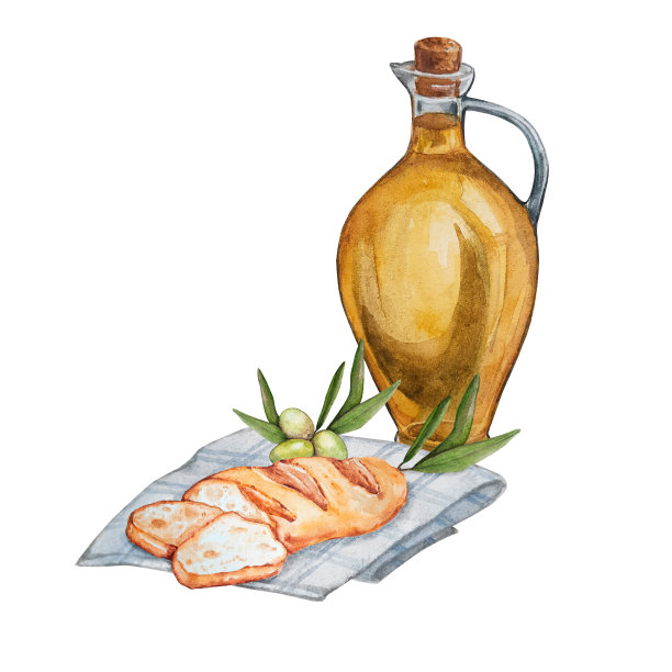 一瓶橄榄油，一条法式法棍放在毛巾上。水彩食品插图印刷在标签，明信片，卡片，织物和更多。图片下载