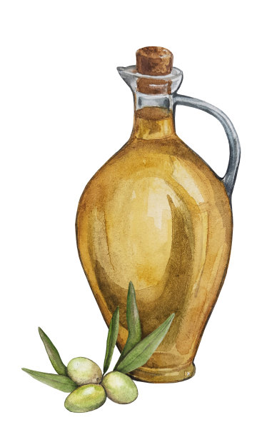 橄榄油水彩玻璃瓶。食品插图印刷在标签，明信片，卡片，织物和更多。图片下载