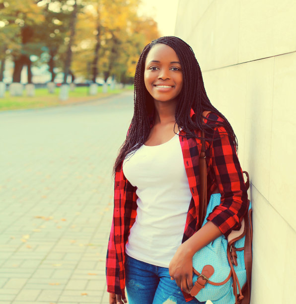 年轻的非洲妇女背着背包在城市街道上的肖像图片下载