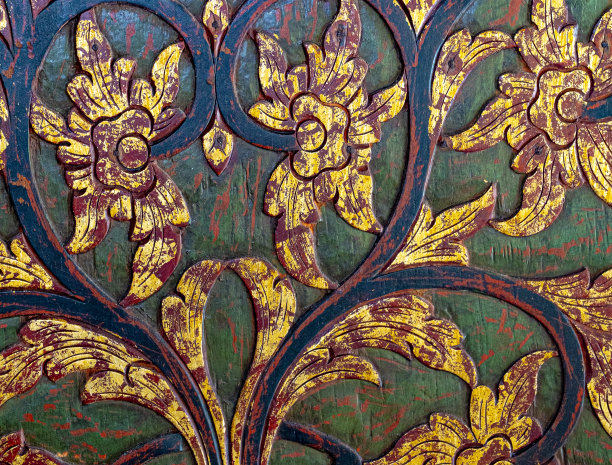 巴厘岛木材雕刻设计和蓝色染色背景纹理图片下载