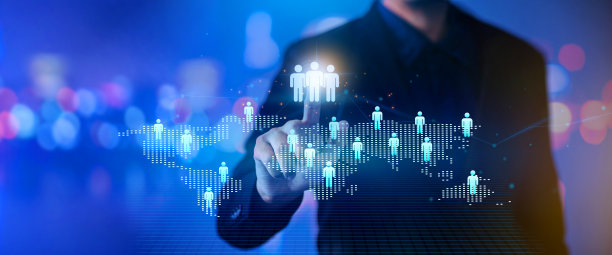 CRM。客户网络关系管理理念。企业规划全球网络连接结构HR -人力资源。企业领导管理和招聘。图片下载