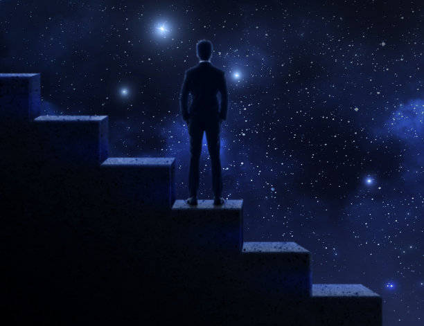 成功的商人站在楼梯上，从太空看地球。成功的商业理念图片下载