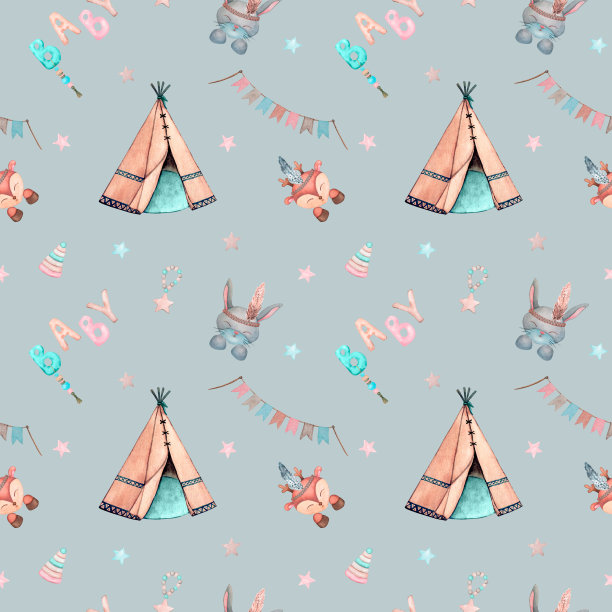 无缝的图案在儿童波西米亚风格。孩子们的棚屋游戏，可爱的兔子，鹿和灰色背景上的玩具。设计墙纸，织物，纺织，印刷，包装，婴儿房和新生儿。图片下载