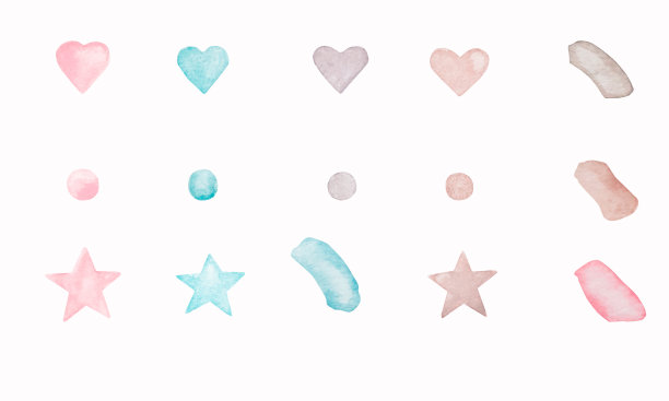 水彩元素在柔和的颜色。斑点，星星，心形图案，图案，贴纸。图片下载