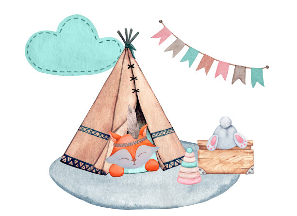 孩子们的小棚屋，枕头上有一只睡着的狐狸。手绘水彩隔离在白色背景印刷，卡片，邀请，海报，标签等。图片下载