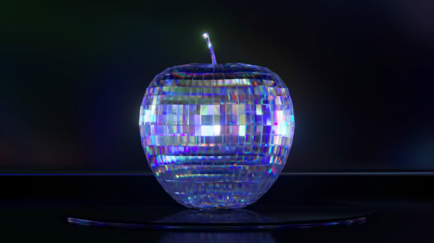 蓝色的迪斯科苹果在平台上旋转，反射着光线。黑暗和明亮的灯光。镜面。迪斯科球。图片下载