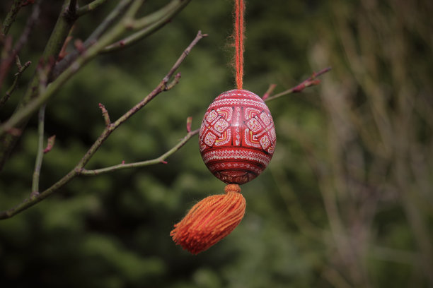 近距离的木制复活节彩蛋挂在鞋带上。复活节彩蛋红白相间。图片下载