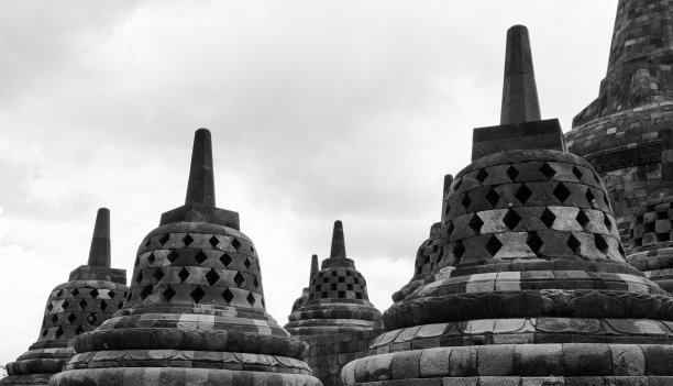 黑白风景照片图像在单色婆罗浮屠佛塔寺庙奇迹教科文组织图片下载