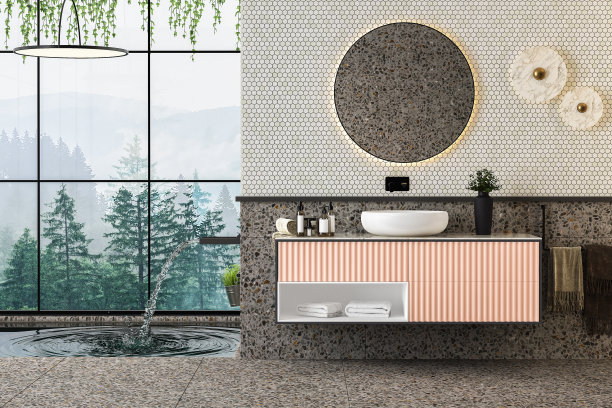 明亮的现代浴室，配有梳妆台，白色水槽，椭圆形镜子，游泳池，水磨石墙和地板，从窗户可以看到森林，浴室家具模拟墙。三维渲染图片下载