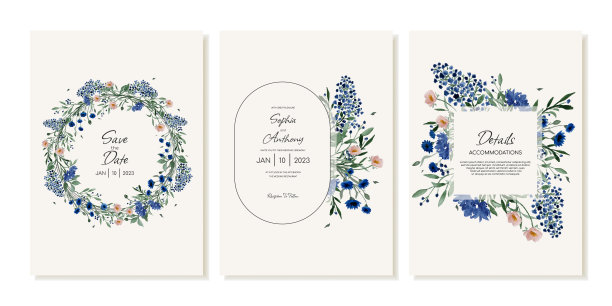 一套婚礼请柬，细节和RSVP在乡村风格的野花。向量模板图片下载