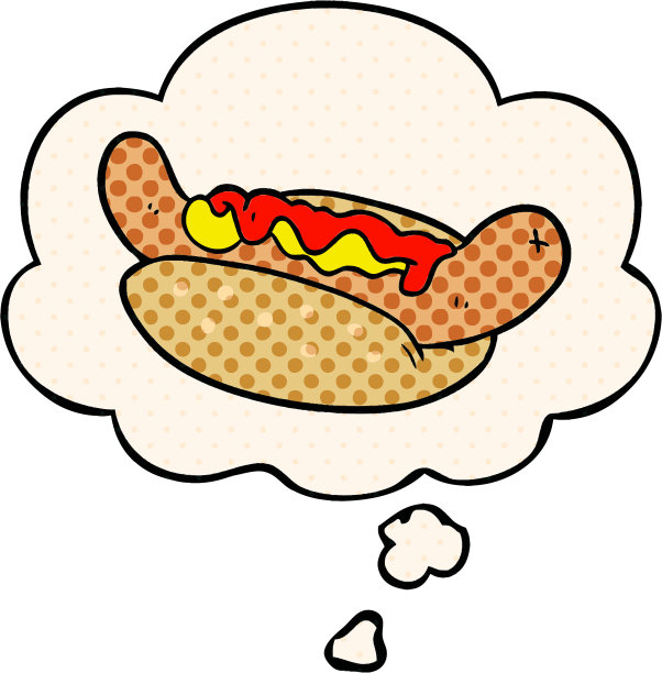 漫画风格的带有思想泡泡的卡通热狗图片下载