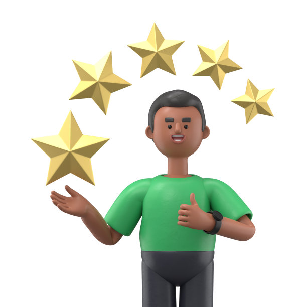 3D插图帅气爆炸头男子大卫五颗星的最佳估计表现，得分五分。人们留下的反馈和评论，是工作成功的最高分数。图片下载