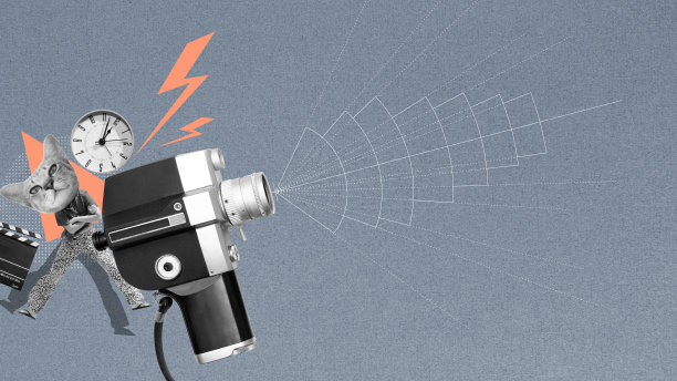 古董电影相机和图表显示不同类型的镜头焦距。电影行业的叙事理念与工作人员。抽象艺术拼贴画。图片下载