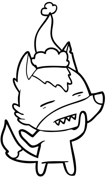 手绘线画狼露出牙齿戴着圣诞老人的帽子图片下载