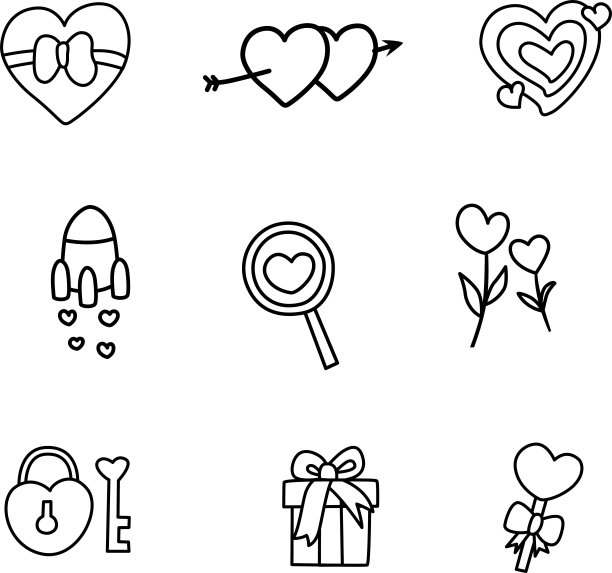 爱的轮廓图标设置。简单的爱相关矢量手绘集。图片下载