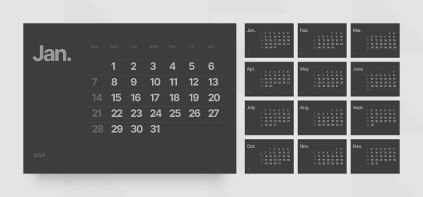 2024年的月历。周日开始。图片下载