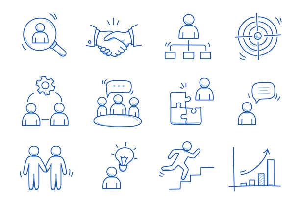 涂鸦业务团队图标集。涂鸦团队人社区，办公室人集体工作理念。目标，谈话人，握手元素。手绘素描风格矢量图片下载