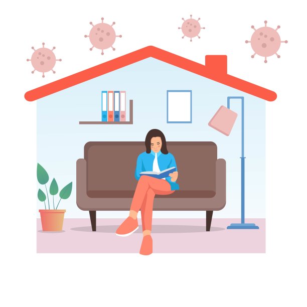 冠状病毒爆发期间，女孩在家里看书。居家插画概念图片下载