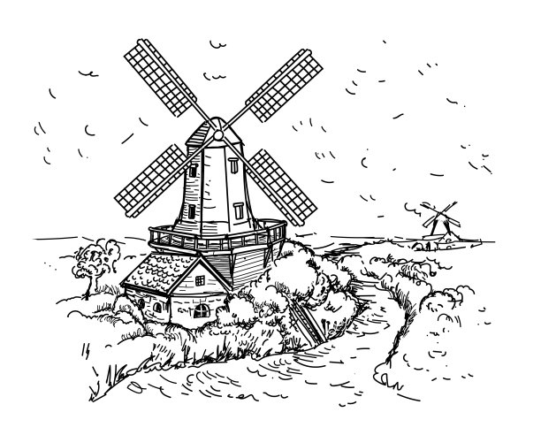 乡村风景中的磨坊，手绘面包房图片下载