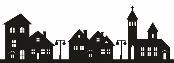 城镇和教堂，装饰矢量插图，黑色剪影，eps。图片下载