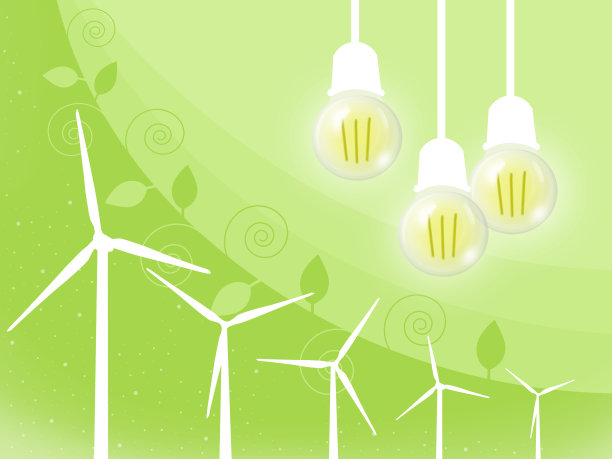 风能。风力涡轮机将能量转化为电能。风车背景上的灯泡。图片下载