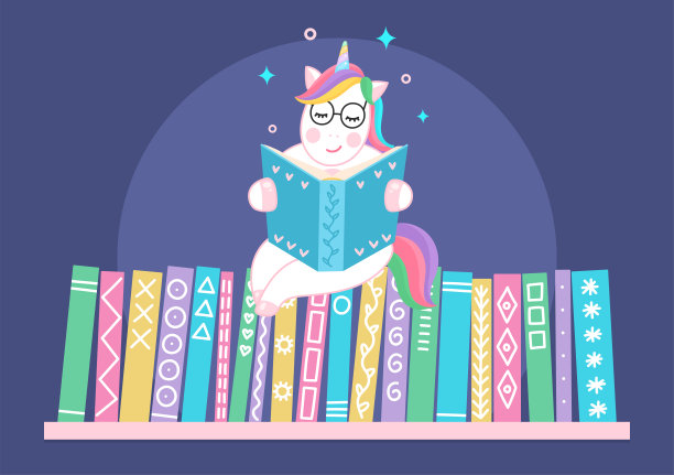 独角兽在书架上看书。图片下载