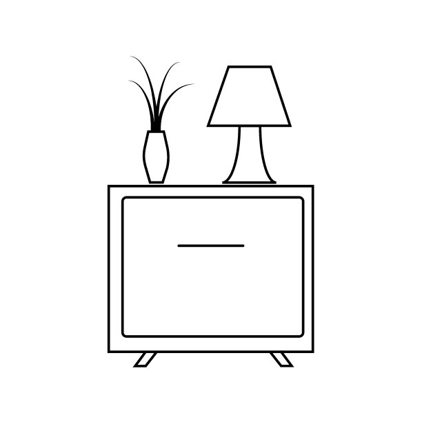 简单的单色床头柜，有一个花瓶，一棵植物和一盏灯，这是一个线条风格的卧室图标。矢量内部项目隔离在白色背景上图片下载