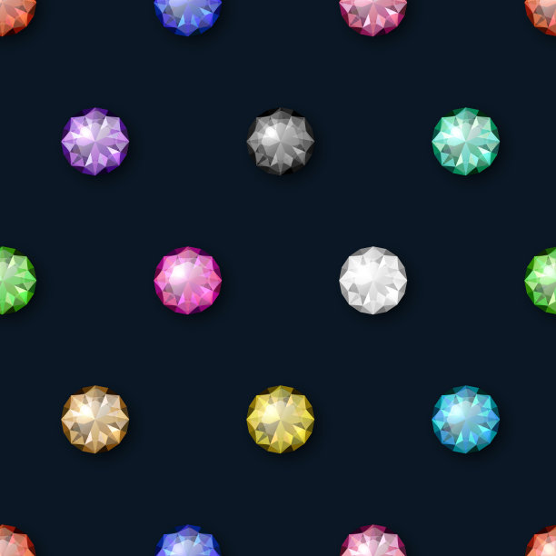 矢量无缝模式与多色3d逼真透明圆形发光宝石，钻石，水晶，水钻特写在黑色背景。Jewerly概念。设计模板图片下载