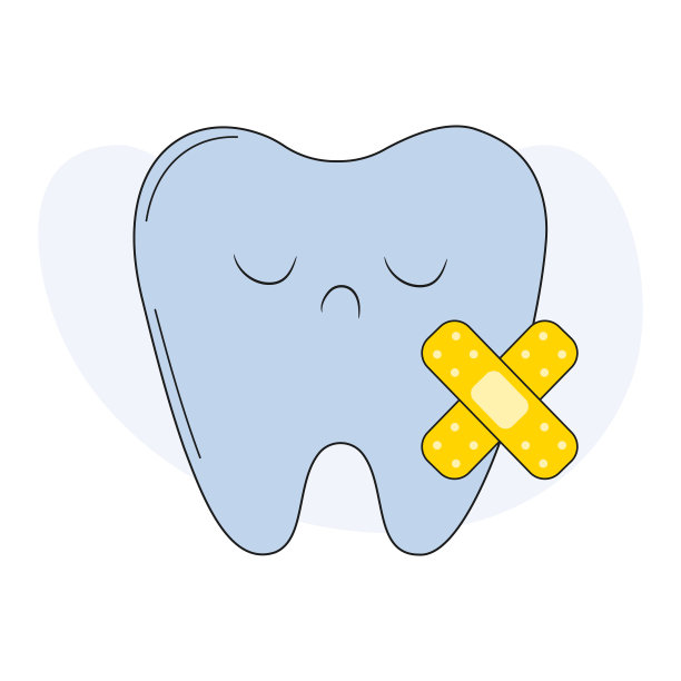 牙齿护理图标。用胶布包扎伤心的牙齿。平面矢量图图片下载