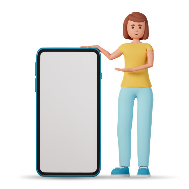 女人站在大智能手机旁边，指着它在白色背景上孤立的3d插图。年轻女子全身长度显示与手大空白手机显示3d插图图片下载