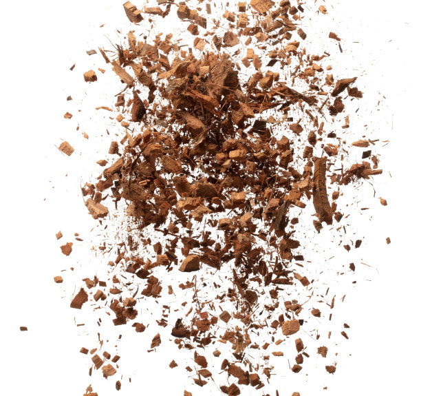 椰子皮壳飞炸，椰子剁碎中M大小抽象掉下花园。椰子壳皮肥料飞溅在空气中。白色背景隔离高速快门，定格图片下载