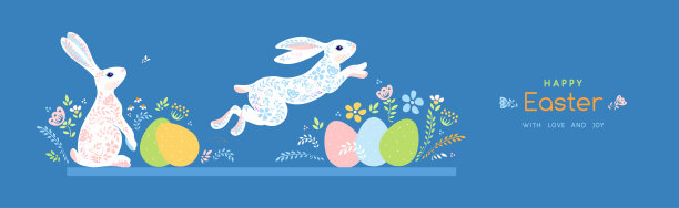 兔子跳在鸡蛋和鲜花横复活节横幅图片下载