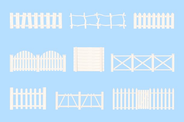 白色的乡村栅栏。乡村栅栏与木门，花园尖桩或房屋保护木材木材材料，木栏杆农场栅栏家老式栅栏卡通集矢量插图图片下载