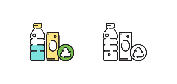 塑料和金属可循环利用。矢量隔离图标。黑色和彩色矢量垃圾污染环境标志图标隔离轮廓符号与可编辑的笔画。图片下载