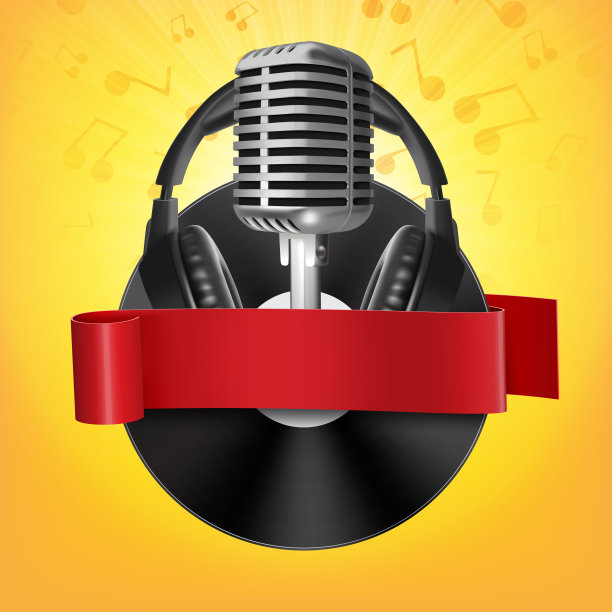 背景与舞台上的复古麦克风与黑胶和耳机图片下载